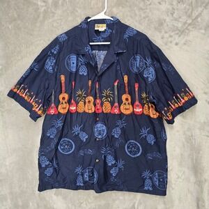 Hawaiian Shirt Men 2XL Blue Ukulele Guitar Pineapple Print Hawaii Aloha Tropical